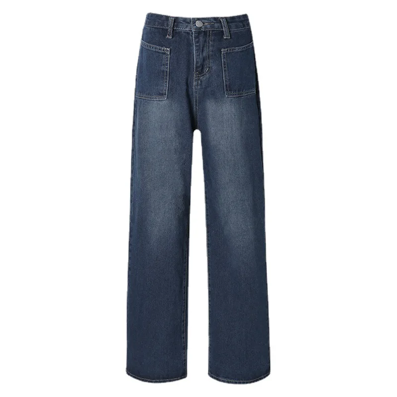 Retro Blue High Waist Jeans for Women Summer Autumn 2023 New Loose Straight High Street Wide Leg Pants Fashion Loose Trousers