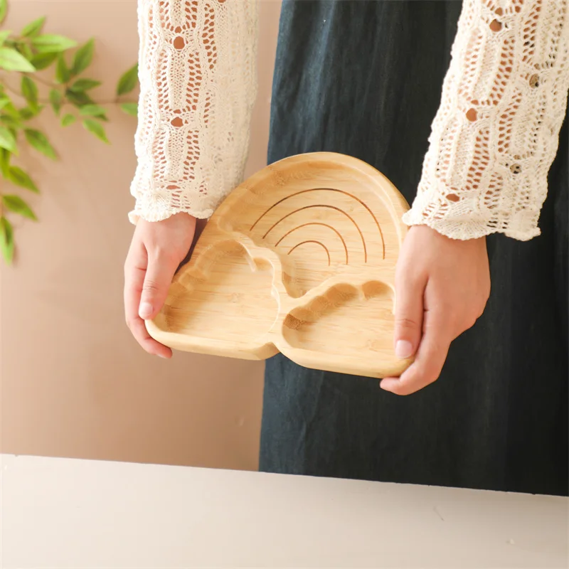 Baby Wooden Tableware Set Could Bamboo Wooden Plate Bowl Silicone Suction Wooden Handle Fork Spoon for Children Feeding Supplies 4