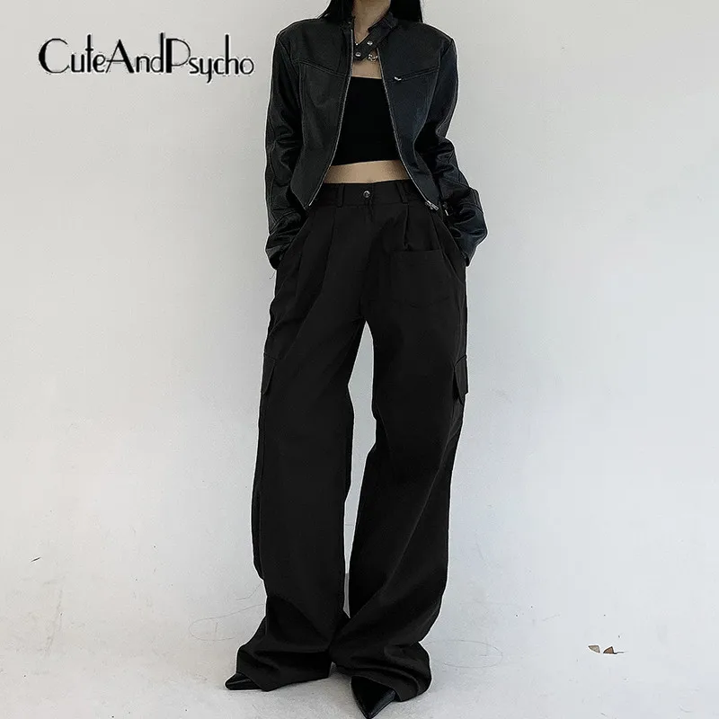 

Уличная одежда cuteandпсиходелия, повседневные брюки в пол, эстетичные шикарные однотонные брюки с несколькими карманами, винтажные модные женские брюки в стиле 90-х