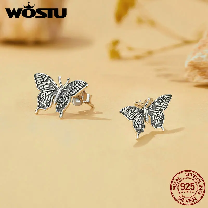 WOSTU 925 Sterling Silver Butterfly Earrings Open Ring Set Oxidized Silver for Women Girl Party Gift Vintage Adjustable Jewelry 3