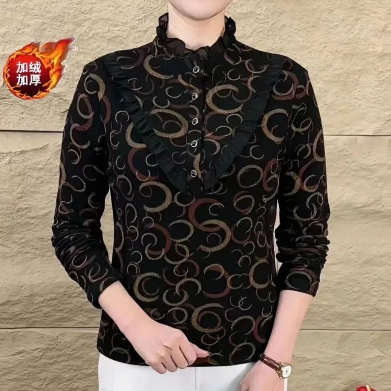 omen's Spring Autumn Fashion Elegant Half High Neck Long Sleeve Pullover Print Bottom Shirt Casual Versatile Western Style Tops