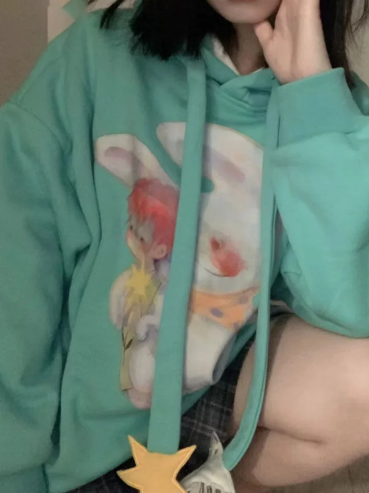 

Y2k Повседневная Толстовка, Женская эстетичная толстовка с капюшоном с мультяшным принтом в японском стиле Харадзюку, Свободный пуловер, кавайная E-girl