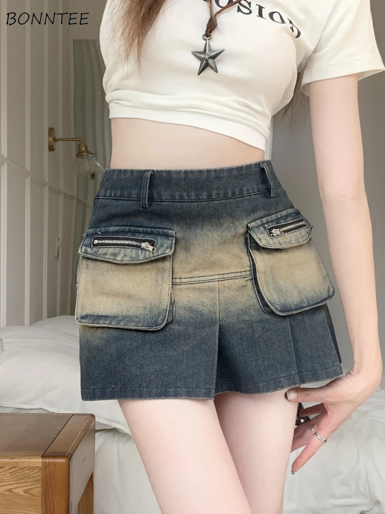 

Skirts Women Retro Summer Trendy Pleated Denim Comfortable All-match Sexy Zipper European Style Gradient Chic Simple Club New