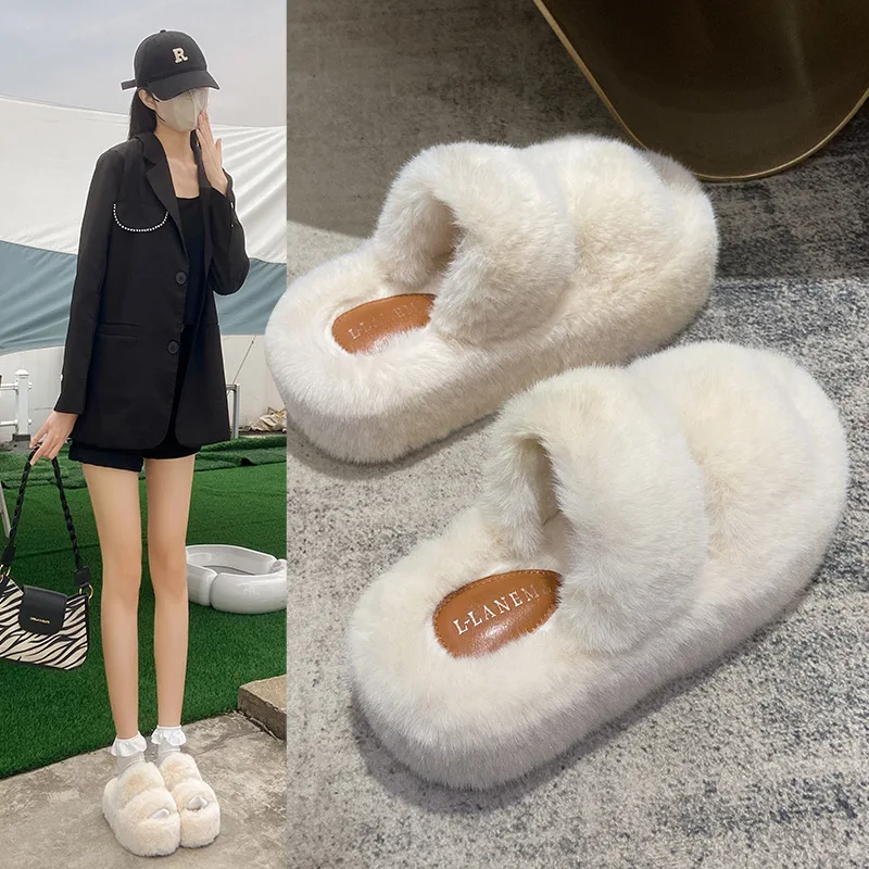 2023 New Autumn and winter fashion cross fluffy slippers heel 7CM women's indoor and outdoor one word flat cotton slippers
