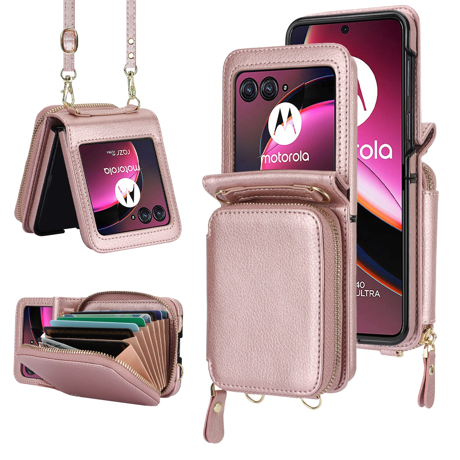 Crossbody Zipper Card Slot Leather Wallet Case with Long Lanyard and RFID Protection