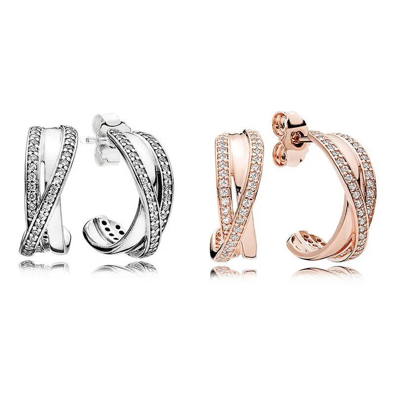 

Original Sparkling Rose Entwined Circles With Crystal Hanging Earrings For Women 925 Sterling Silver Wedding Fashion Jewelry
