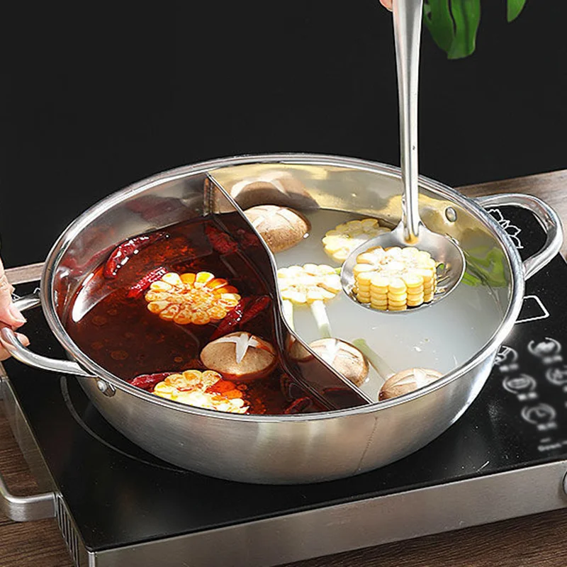 Chinese Hot Pot with Lid Thicken Stainless Steel 2 In 1 Divided Hotpot  Kitchen Cooking Pan with Cover Gas Stove Induction Cooker