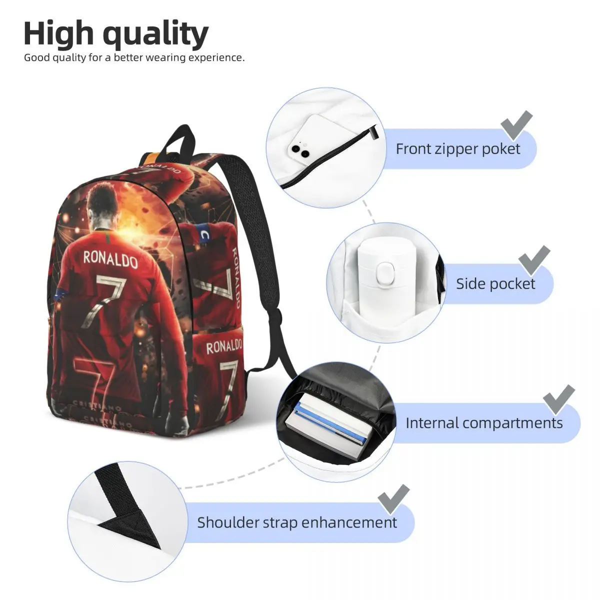 C-Cristianos Backpack Football Star R-Ronaldos Kawaii Backpacks Female Travel Lightweight School Bags Design Rucksack