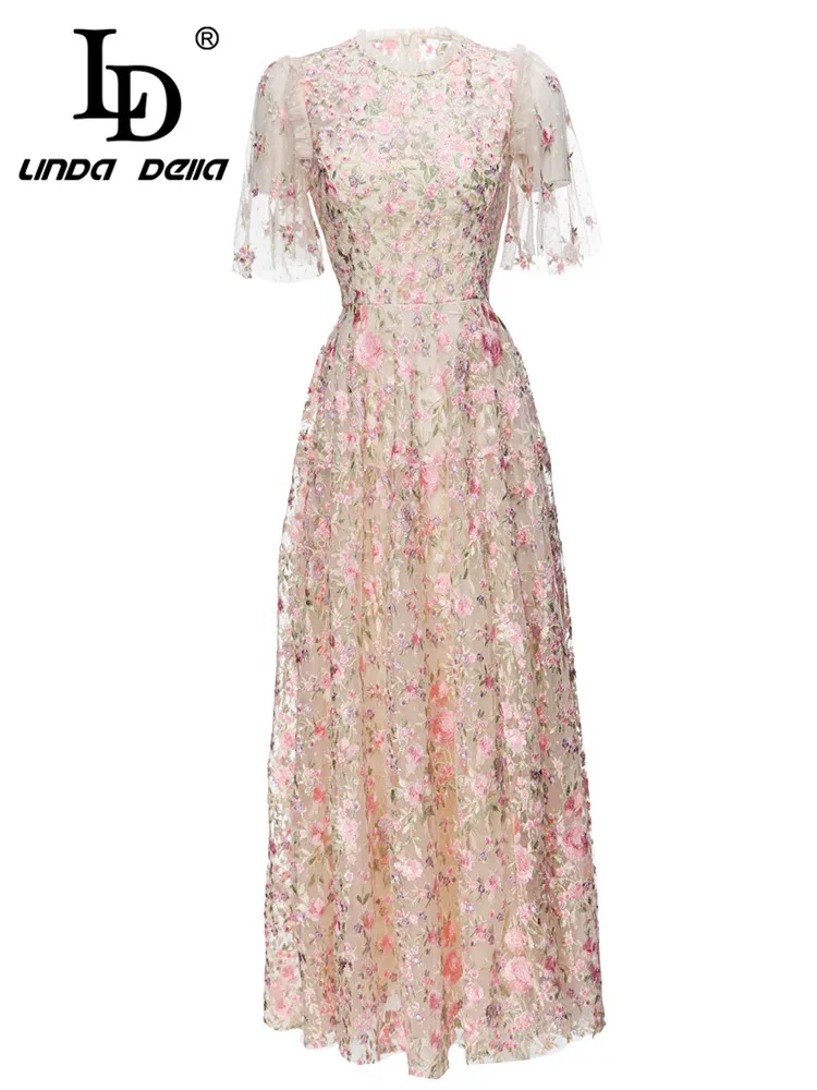 

LD LINDA DELLA 2023 Summer Fashion Elegant Party Dress Women's Round Neck High Waist Print Splice Zipper Netting Slim Fit Dress