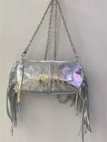 Women Silver Tassel Mini Leather Handbag Zipper Fashion Simple Female Shoulder Bag with Metal Chains 1