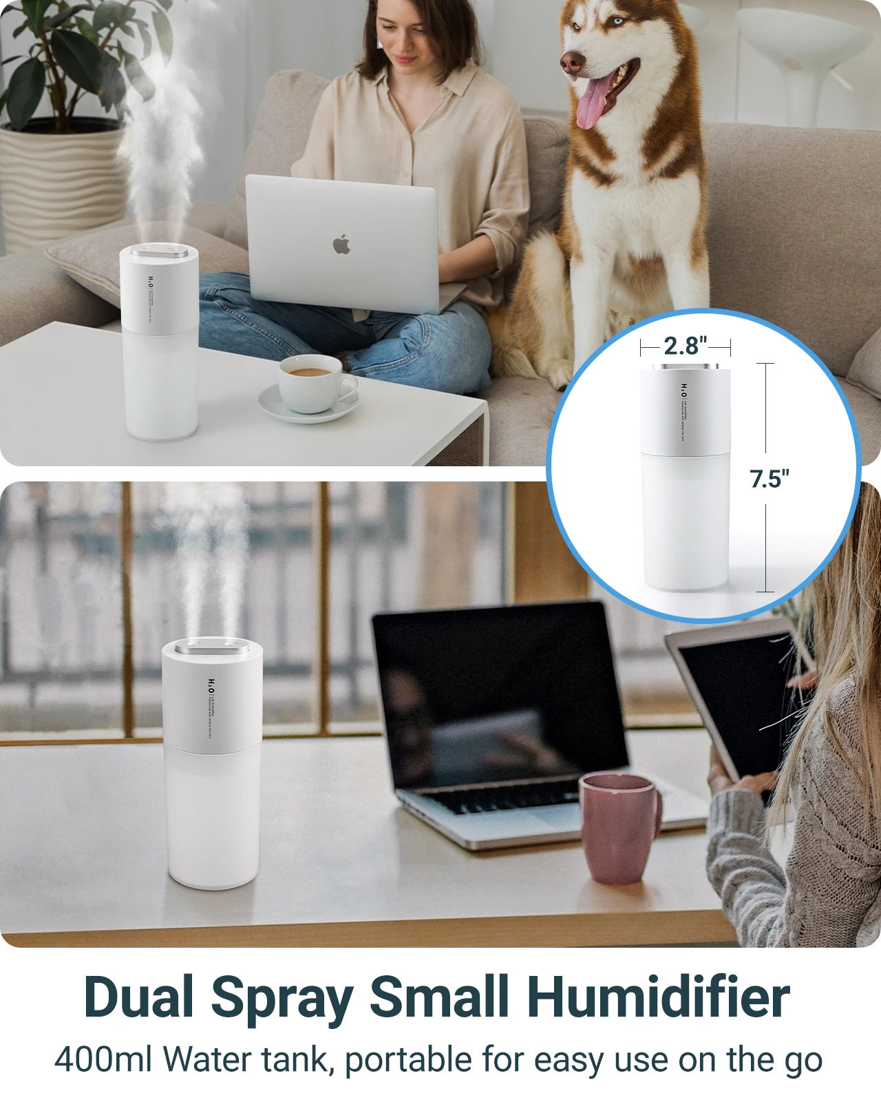 Hipacool Rechargeanle 400ML 가습기 이중 스프레이 포트 미스트 공기 디퓨저 (자동차, 가정, 사무실용 LED 조명 포함) 쿨 미스트 메이커