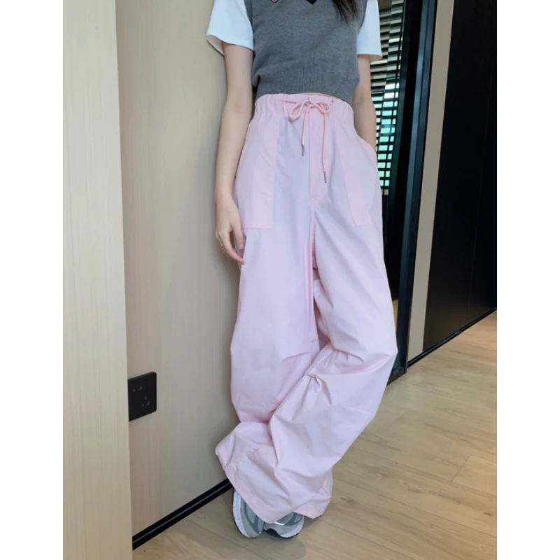 

Women Pink Vintage Baggy Cargo Wide Leg Pants Fashion Pocket High Waist Straight Pants Street Mopping Trouser Ladies 2023 Summe