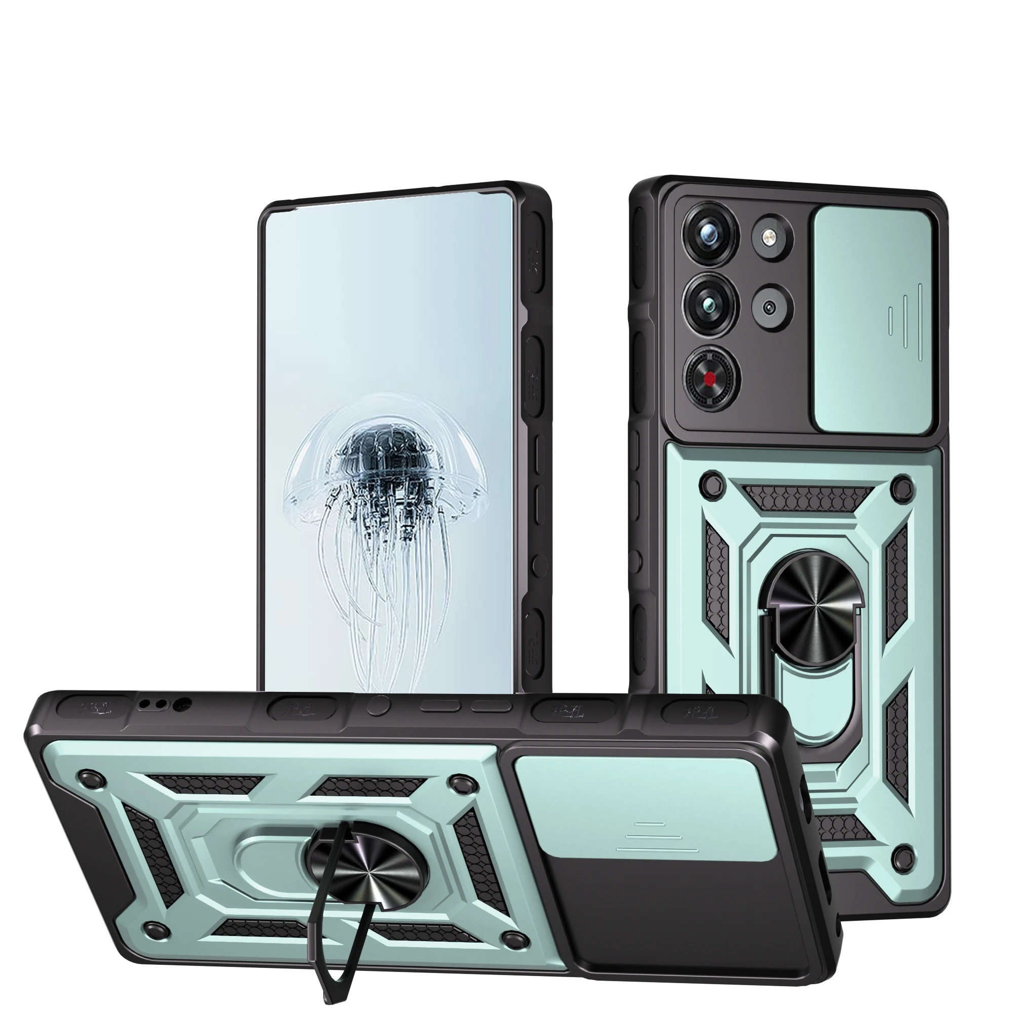Camera Armor Phone Case with Magnetic Holder Ring and Full Lens Protection - Silicone Bumper Cover