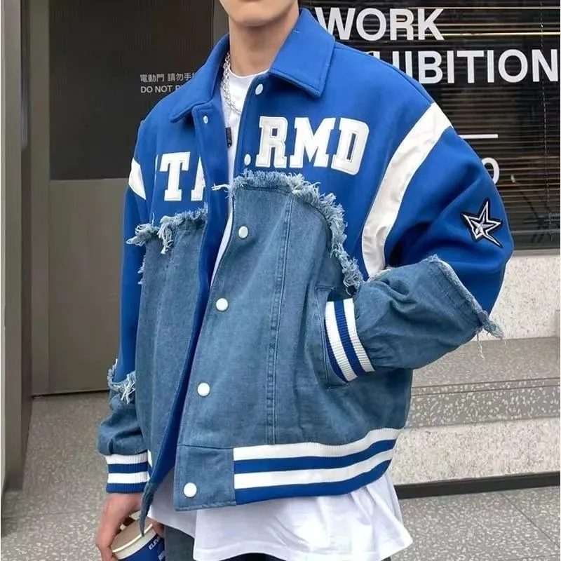 

American Patchwork Lapel Baseball Coats Men's Green Blue Single Breasted Denim Jacket Campus Couples Retro Loose Street Outwear