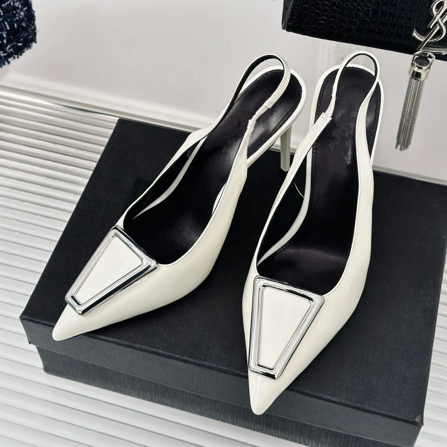 Casual Designer Fashion Women Shoes Sexy Lady White Patent Leather Strappy Pointy Toe High Heels Sandals Zapatos Mujer Sandals