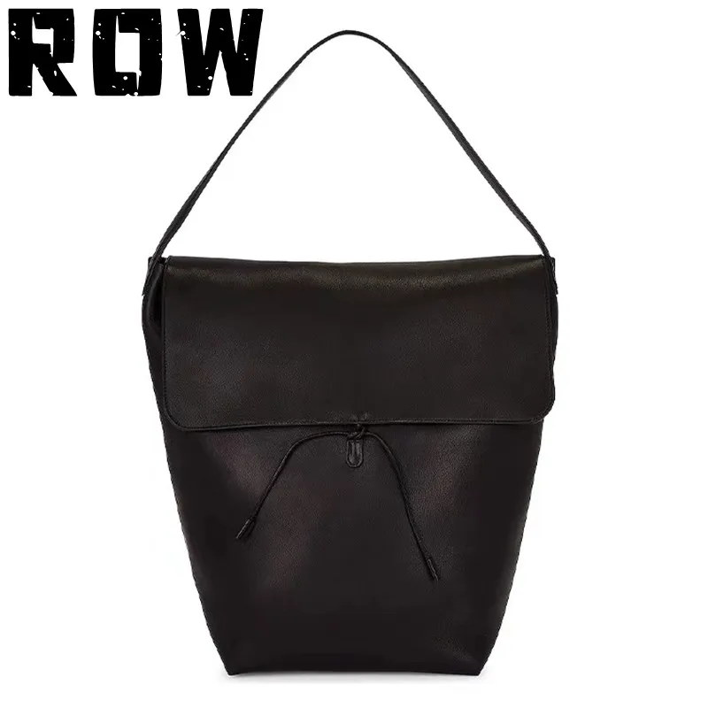 ROW2023 Women's Bag Black Cowhide Simple Flip Cap Large Capacity Nylon Drawstring Decoration Tote Bag Handbill Shoulder Bag