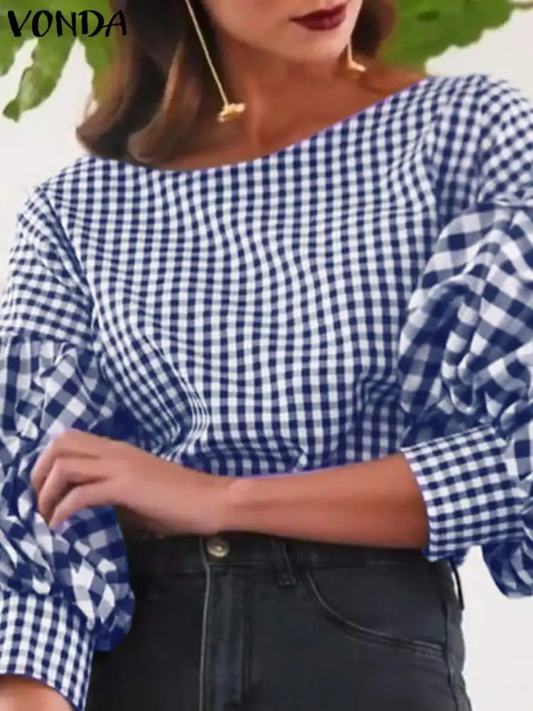 

Рубашка VONDA женская с принтом в клетку, модная туника, повседневный топ свободного покроя, пикантная блузка с рукавами-фонариками, лето 2024