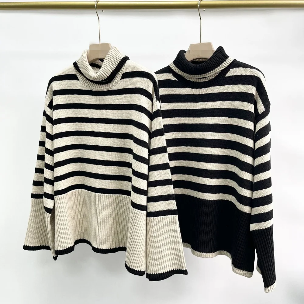 

2022 Autumn Winter Sweater Loose Turtleneck Pullover Striped Top Knitwear Sweater for Women