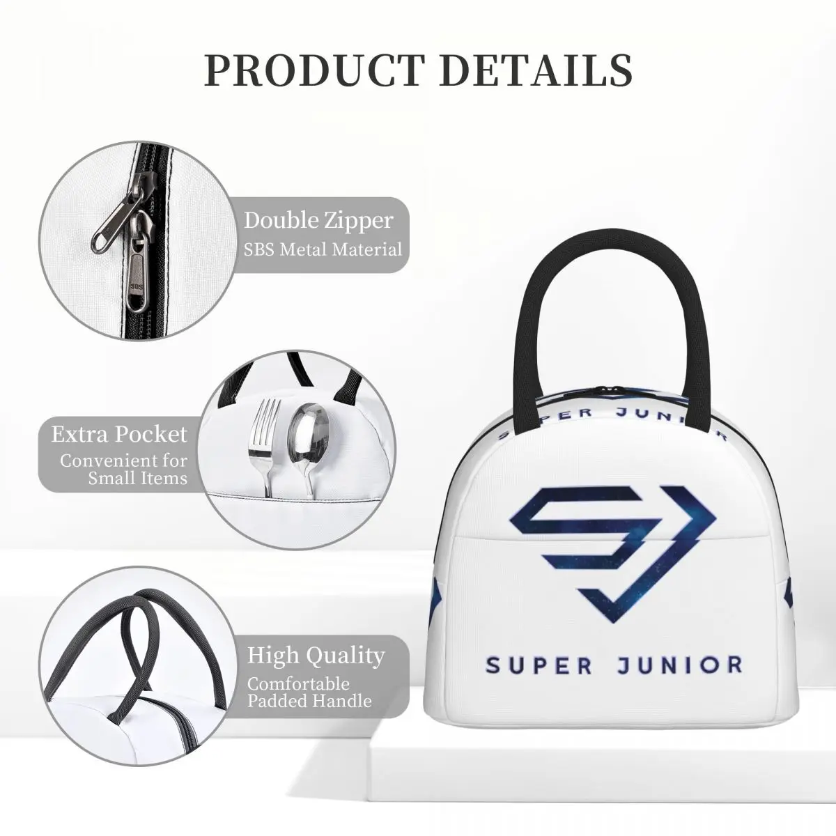슈퍼 주니어 로고 여성용 절연 점심 가방 휴대용 식품 상자 열 도시락 상자 토트