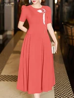 ZANZEA Elegant Party Dresses Women 2025 Office Pleated Dress Summer Short Puff Sleeve Midi Sundress Stylish 3D Flowers Vestidos
