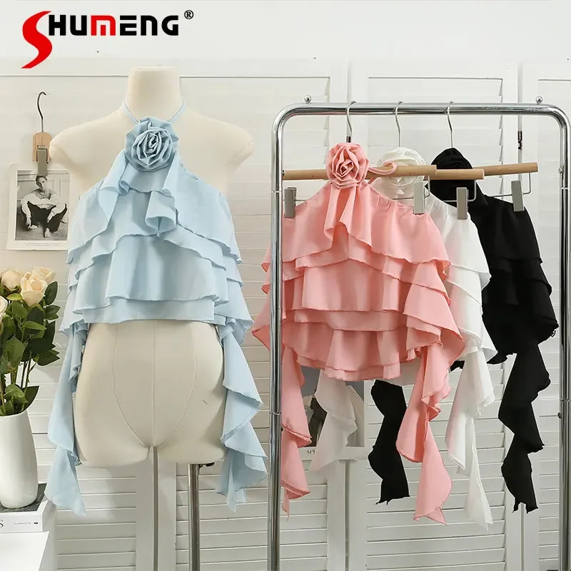 

Sexy Halter Backless Sweet Candy Color Camisole Women 2023 Summer Fairy Ruffled Off-Shoulder Slim-Fit Pullover Shirt Vest Top