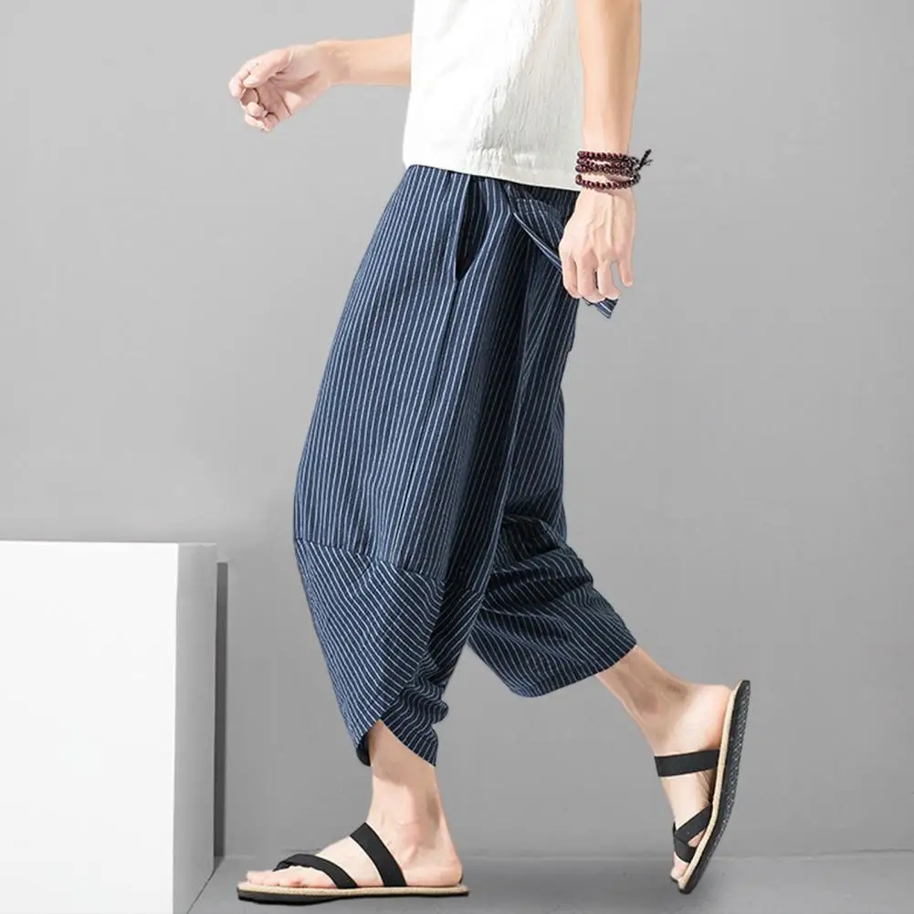 

Loose Fit Harem Pants Men's Summer Cropped Pants with Elastic Drawstring Waist Vertical Striped Print Harem Pants for Streetwear