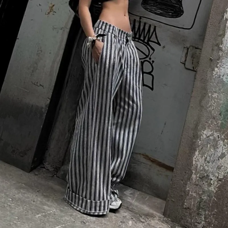 Women's Fashion Retro Stripe Printed Low Waist Loose Casual Suit Pants 2024 Sexy Spicy Girl New Women Draping Straight Trousers
