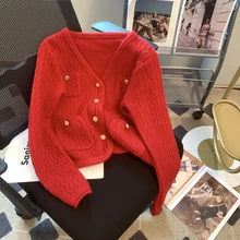  Make small sweet wind sweater new female autumn red v-neck brief paragraph thickening knitting cardigan coat in the New Year 