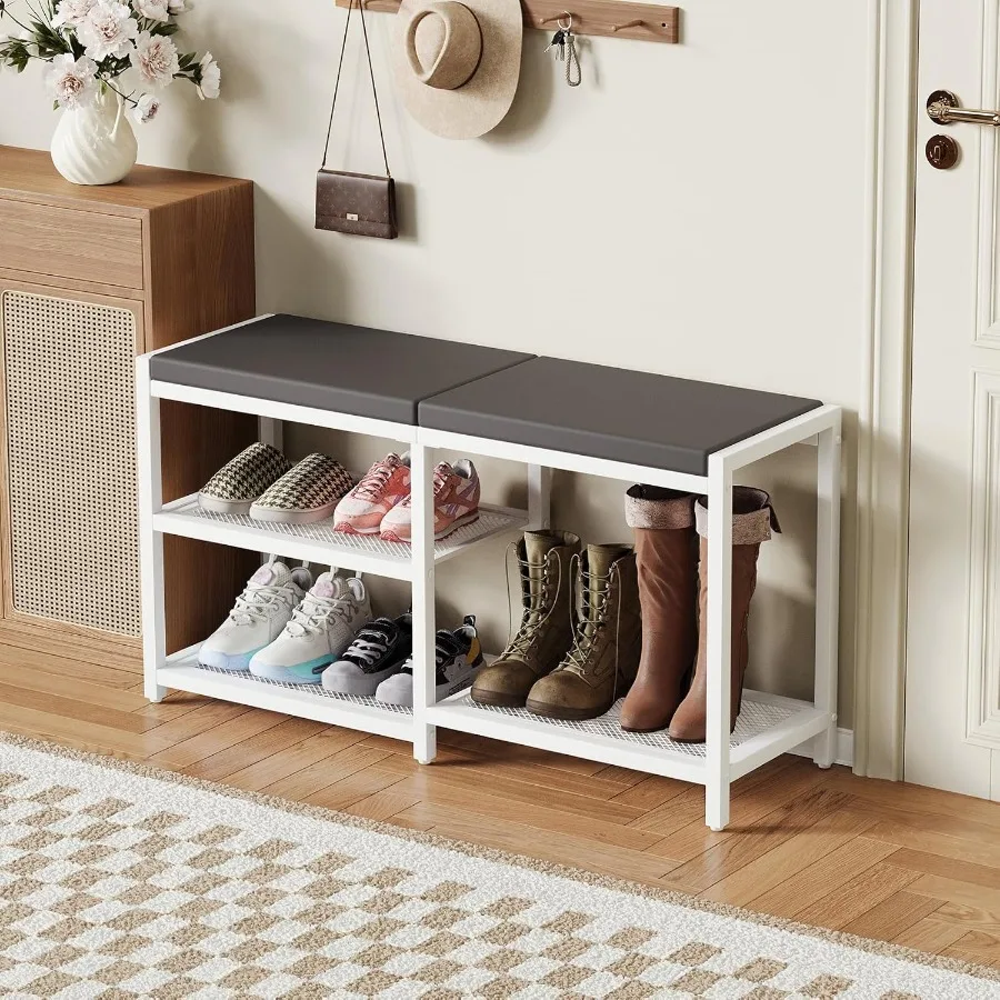Shoe Bench Rack Storage Bench with Seat Cushion Stable Entryway Bench Holds Up to 300 lb 35 L x 12 W x 17 H White