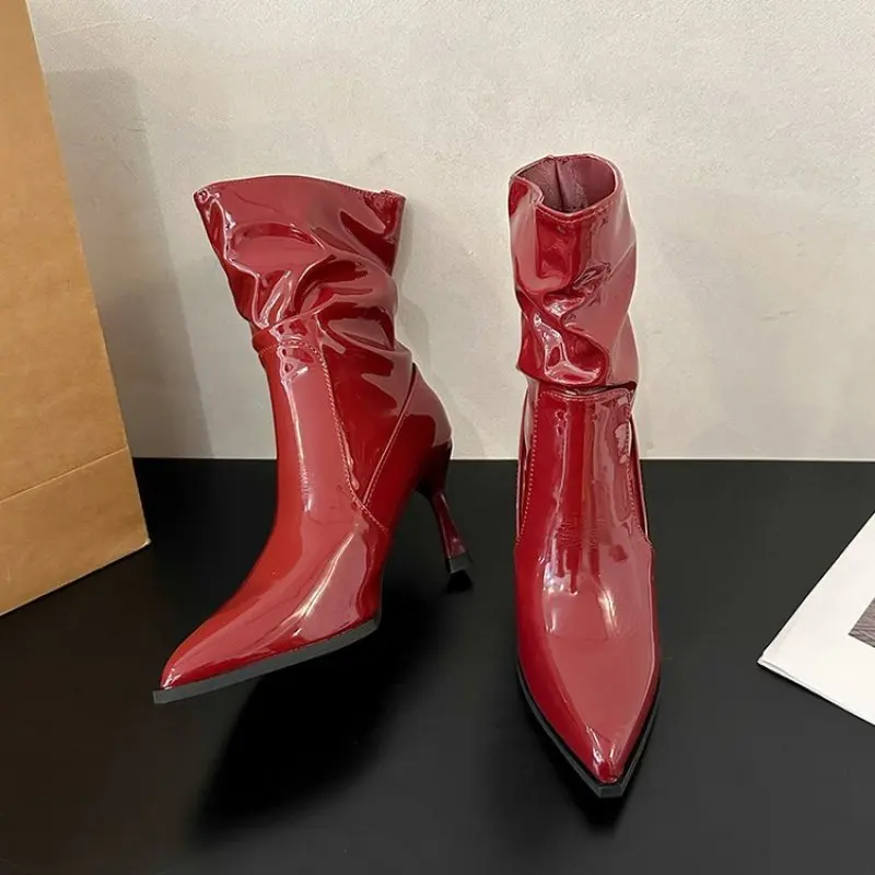 2024 Women Gloss Patent Leather Boots Winter Fashion Trendy Pleated Boots Woman Pointy Toe Spike Heels Shoes 35-39