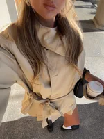 HH Women High Street Short Coat Lapel Wear Belt Single-breasted Women Autumn Fashion Pockets Long Sleeves Solid Jackets 5