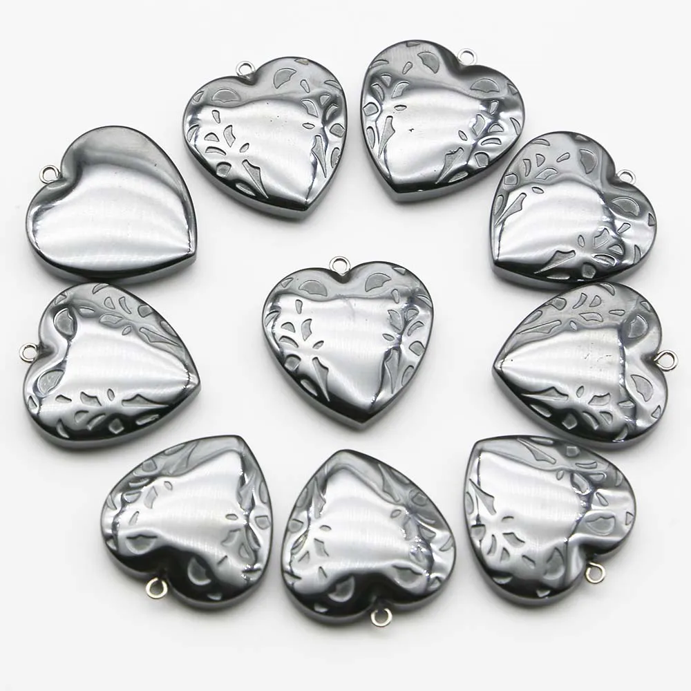 New Natural Hematite Black Gallstone Heart Shaped Carved Necklace Pendant Exquisite Fashion Charms Jewelry Gifts Wholesale 24Pcs