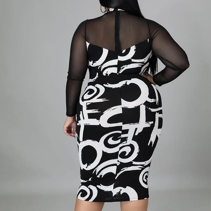 Sexy Perspective Splicing Lace Long Sleeve Women's Round Neck Printing Slim Bag Hip Spring Summer Plus Size Midi Pencil Dress