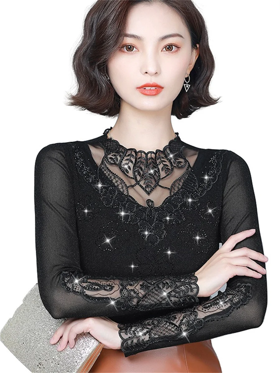 

4XL Women Spring Autumn Blouses Shirts Lady Fashion Casual Long Sleeve O-Neck Collar Lace Sexy Embroidery Blusas Tops CT0274