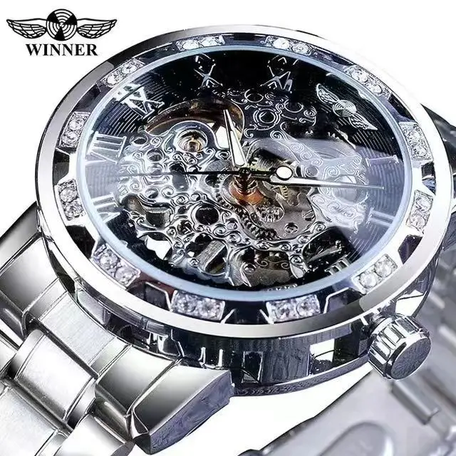 Luxurious Men's Mechanical Skeleton Watch with Diamond Gear for Timeless Elegance
