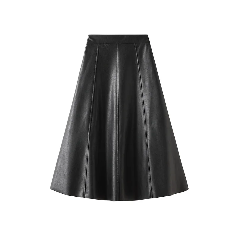 

Retro Hong Kong style leather skirt, half skirt, women's autumn high waisted mid length A-line wrapped buttocks umbrella skirt