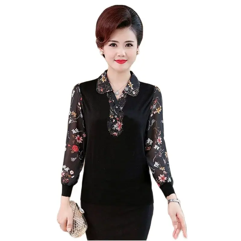 

Large Size Women's New Printed Long-sleeved Tshirt In Spring And Summer Of Middleaged And Elderly Fashion Lapel Bottoming Shirt