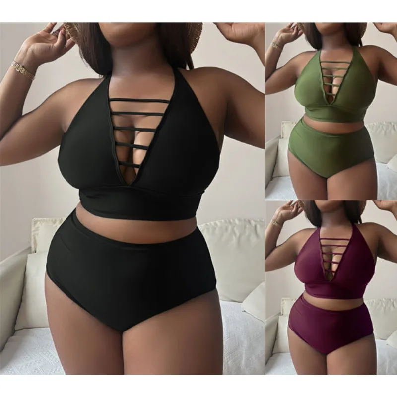 

Pzhk Fatty Swimwear Backless Strapped Push Up Bikini Chubby Beach Swim Bathing Suit Plus Size Fat Women High Waist Sexy Bikini