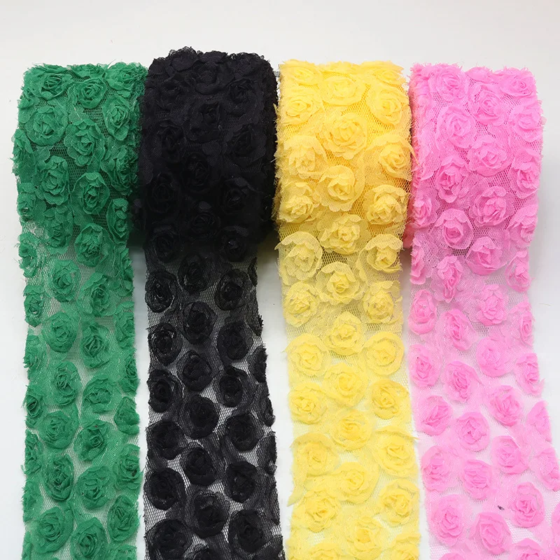 Rose Flower 3D Chiffon Lace Trim Ribbon Fabric for Applique Sewing Wedding Headdress Decoration Accessories 5yards/roll 14colors silk satin ribbons fabric flowers