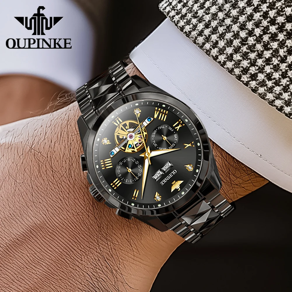 OUPINKE Orologio Uomo Automatico Scheletro - Lusso Con Cristallo Zaffiro E Cinturino In Acciaio Al Tungsteno