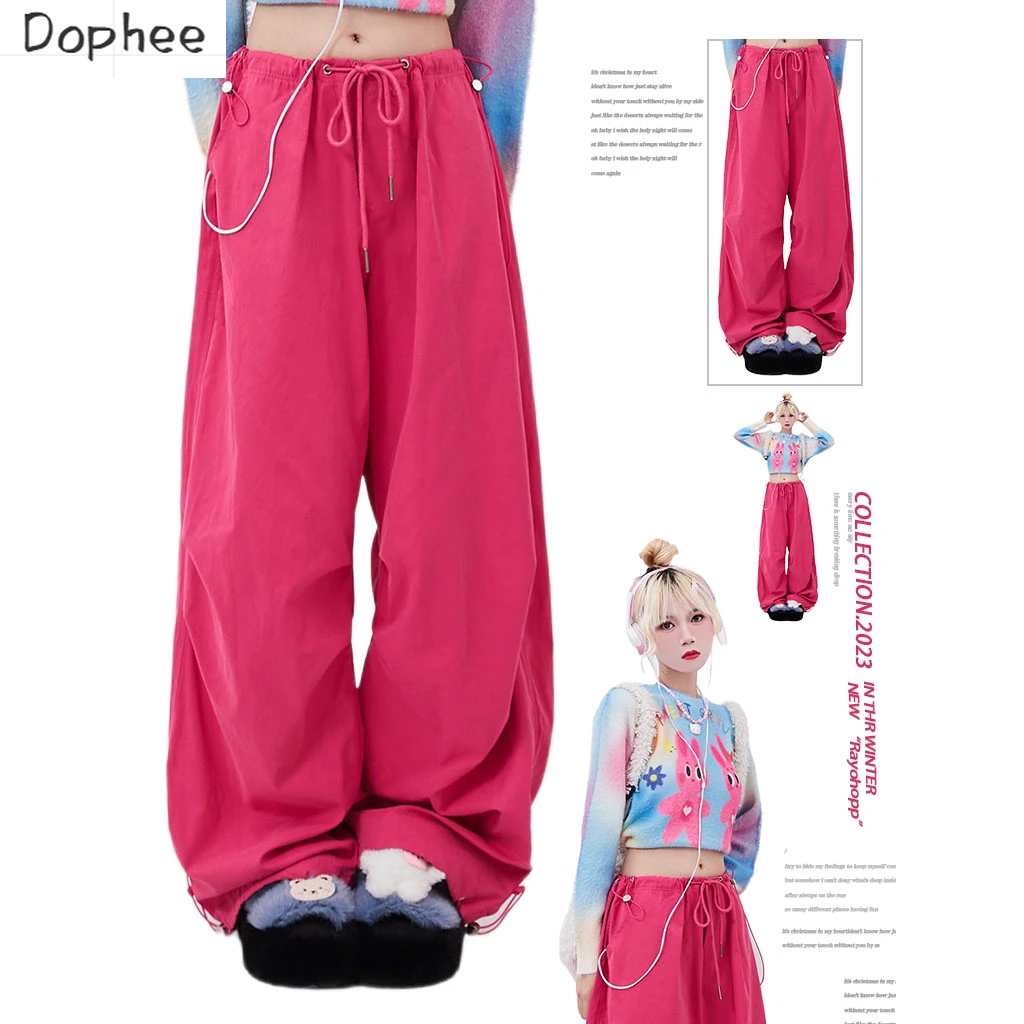 dophee-monos-rosas-y-rojas-para-mujer-pantalones-rectos-de-dopamina-de-color-solido-con-cordon-pantalones-de-baile-sueltos-de-pierna-ancha-para-ninas-y-estudiantes