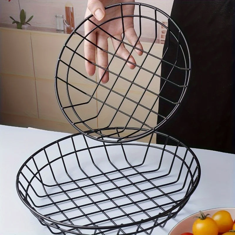 1pc Stylish Black Wire Iron Basket for Fruit, French Fries, and Food Serving - Kitchen Accessory with Elegant Design
