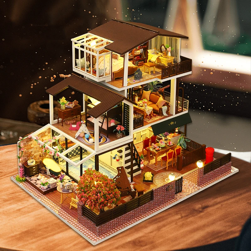 DIY Wooden Miniature Model Kit Big Romantic Casa 3D Puzzle European Villa Dollhouse With Furniture Lights Friends Birthday Gifts 3