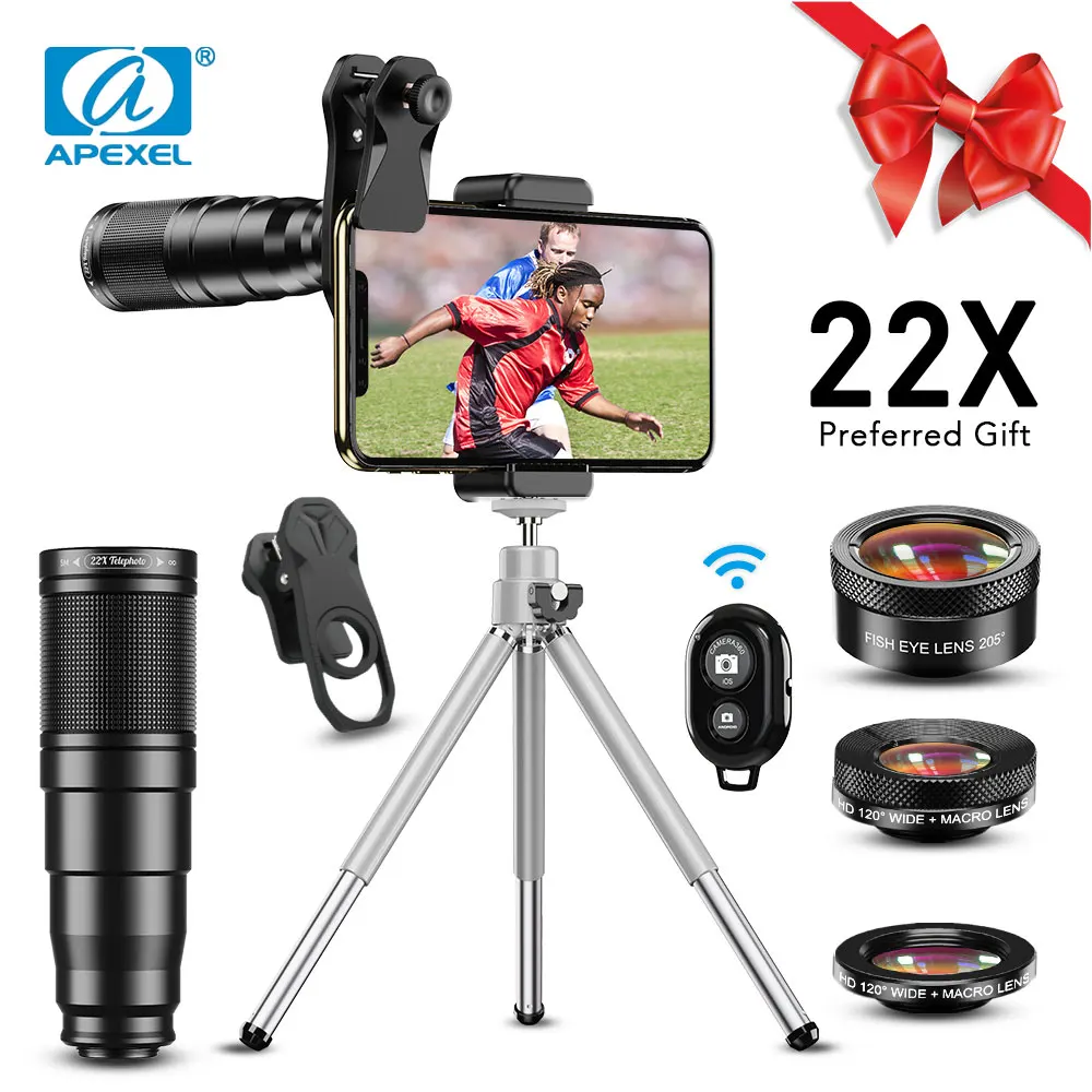 

APEXEL 4 in 1 Optic HD Phone Camera Lens Kit Telephoto Zoom Monocular Telescope 22X Lens + Macro Wide Fisheye With Remote Tripod