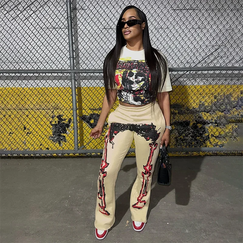 

Fashion Apricot Print Loose Pants Autumn Women Pocket Hand Painting Mid Waist Elastic Wide Leg Street Casual Pants