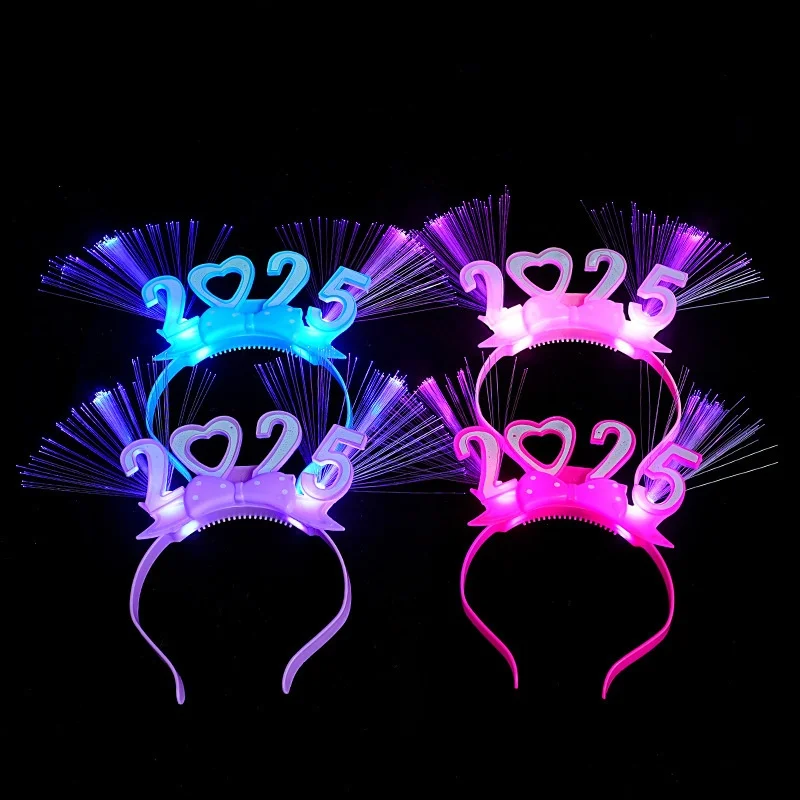 1pc Glowing LED Light up 2025 Happy New Year Headband Creative Hair Band Hoops Colorful Headpiece for Party Wedding Christmas