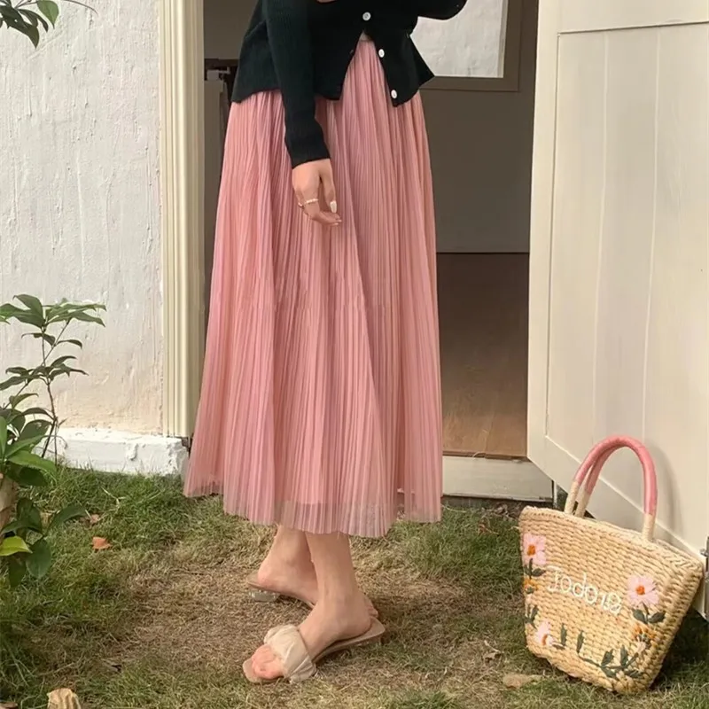 

Women's Elegant Mesh Pleated Skirt Spring Summer Chic Solid Color High Waist Long A Line Skirt Lady Sweet Skirt