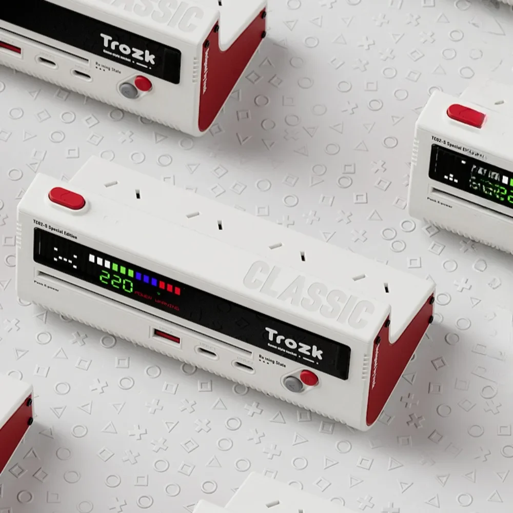 Trozk USB Power Strip Docking Station Red White Machine 45W GaN Fast Charging Extension with 3-inch Screen Display Retro Pattern