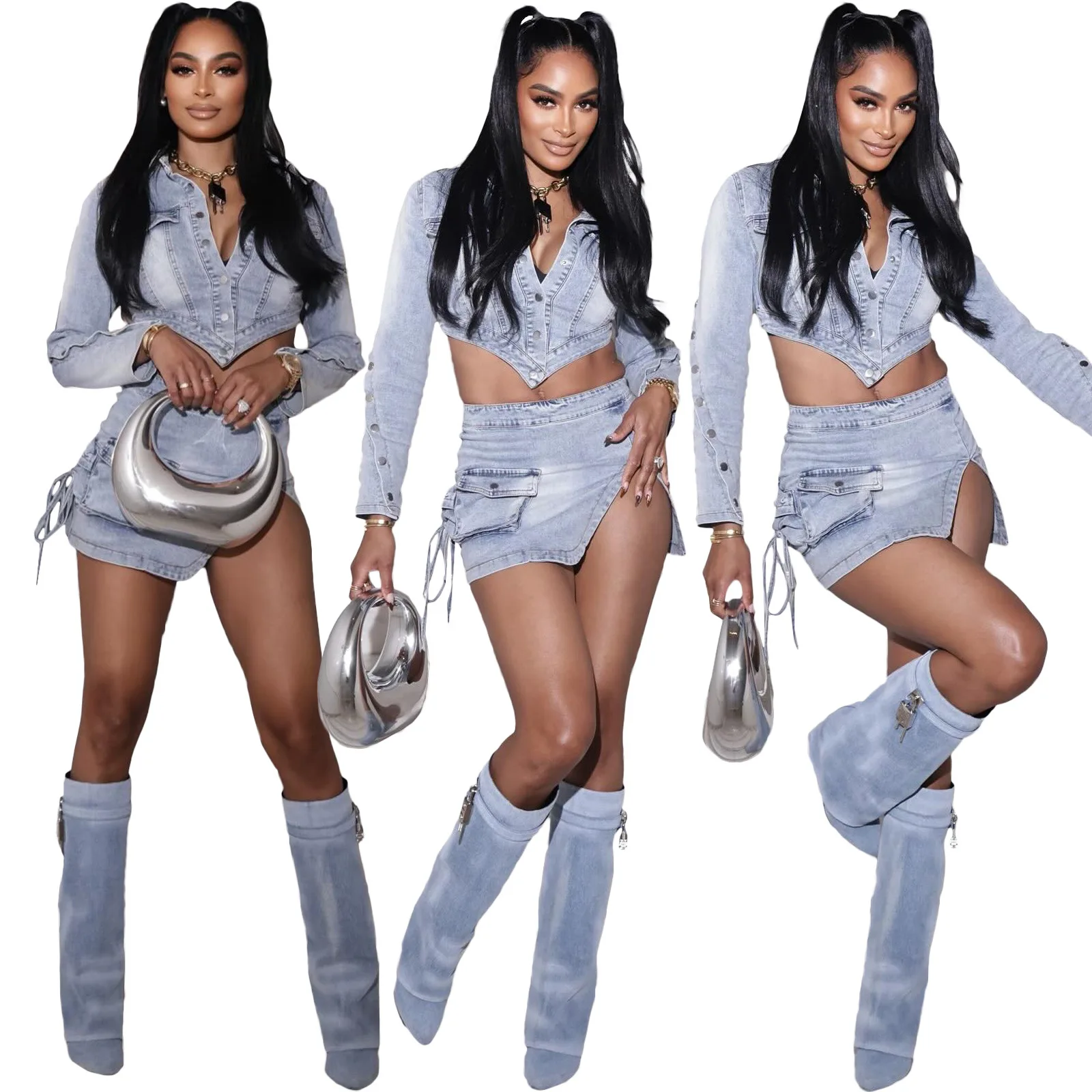 

Джинсовые брюки-карго, укороченные куртки на пуговицах, необычная юбка, подходящий комплект 2024, летняя уличная одежда, Клубные костюмы