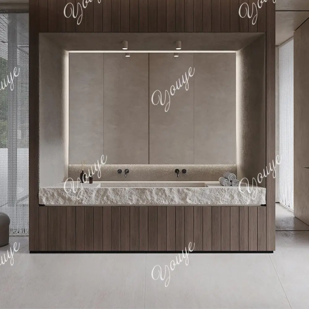 อ่างล้างหน้าคู่แบบวินเทจทำจากหินทราเวอร์ทีน พร้อมพื้นผิวแบบมีเท็กซ์เจอร์ ติดตั้งใต้เคาน์เตอร์ พร้อมท่อระบายน้ำแบบซ่อน  อ่างล้างหน้าสไตล์กลางศตวรรษ ทำจากหินเทียม 1